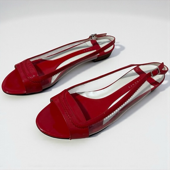 THEORY Red Patent Leather Slingback Sandals Size 38.5 (US 8) Open Toe Low Heel - Picture 1 of 7